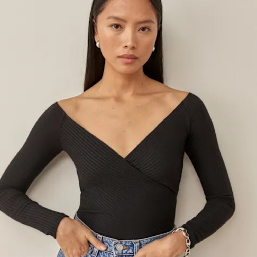 Reformation Black "Minnie" 3/4 Sleeve Knit Top Sz Large